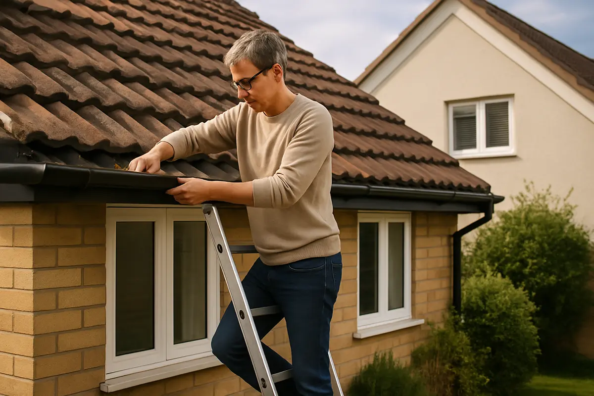 clearing the gutters in routine house maintenance